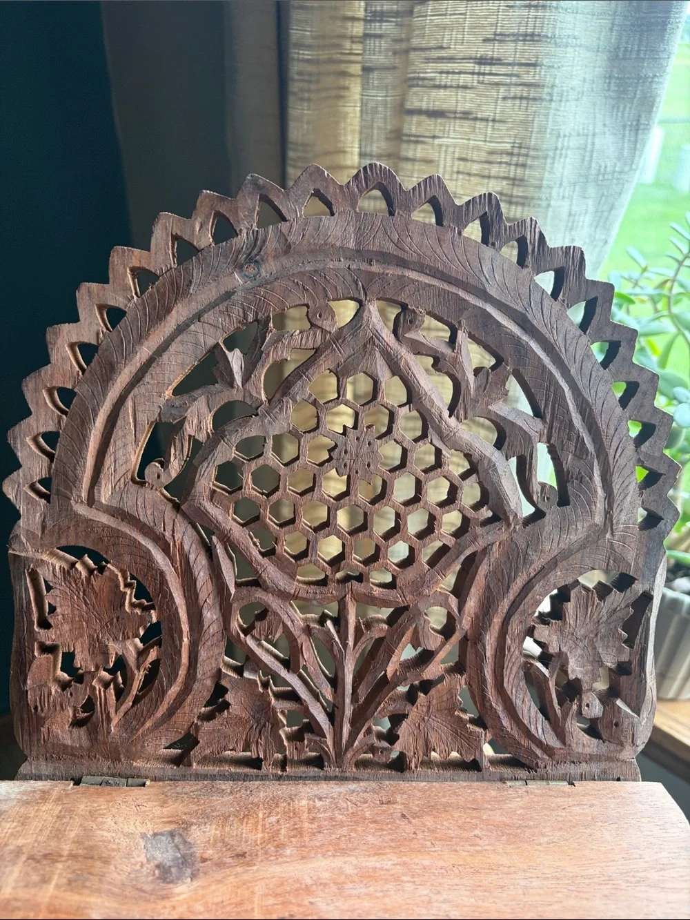 Hand-Carved Brown Wooden Wall Shelf